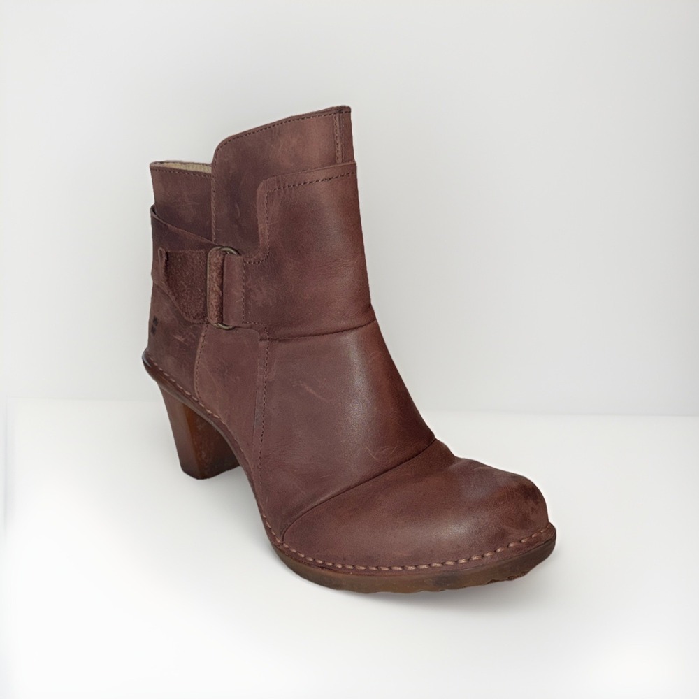 El Naturalista Ankle Boots Brown Leather Round Toe Zip Block Heel EU 39/US 8.5